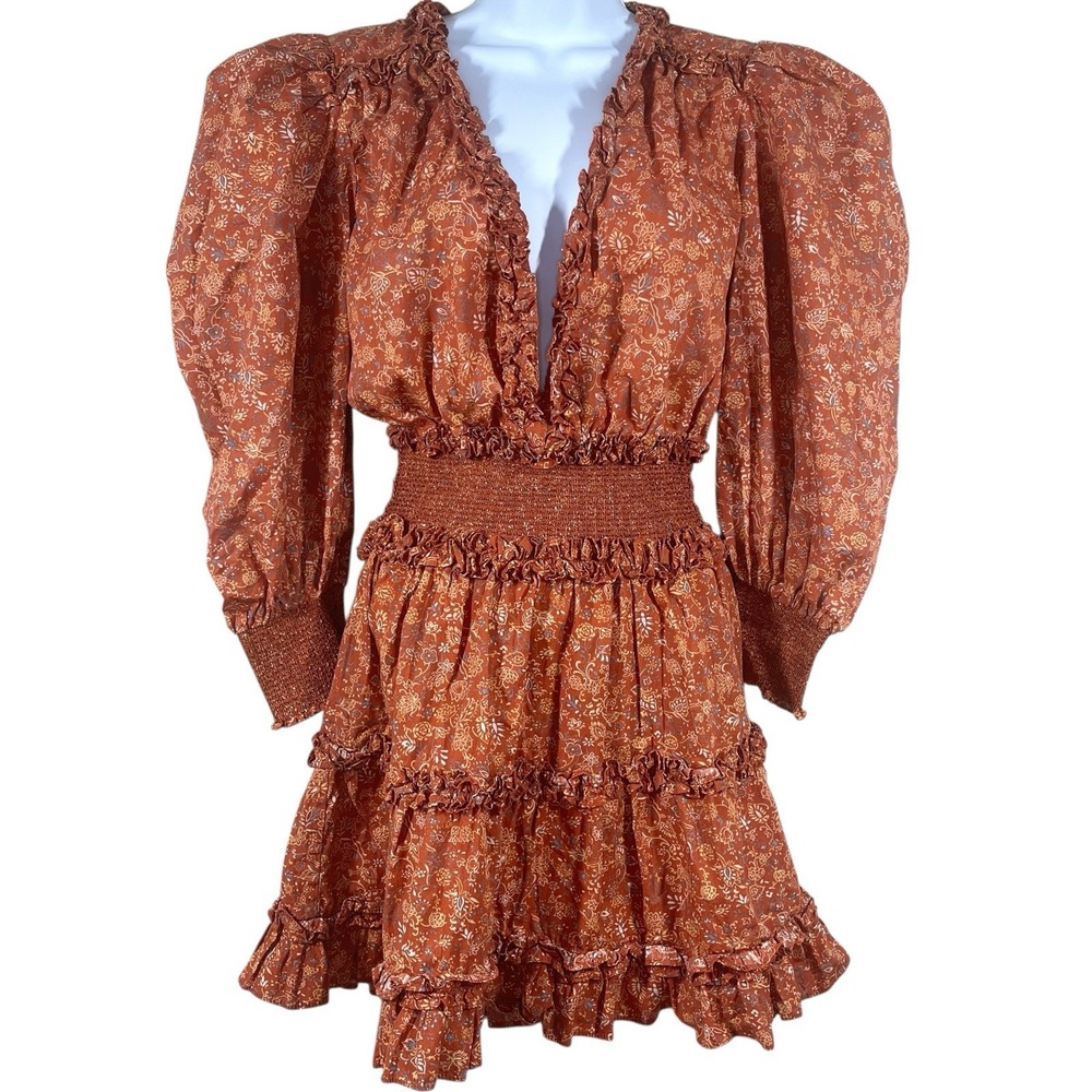 House of Harlow 1960 Wallis Rust Ruffle Puff Sleeve Dress Sz M Coquette‎ Prairie